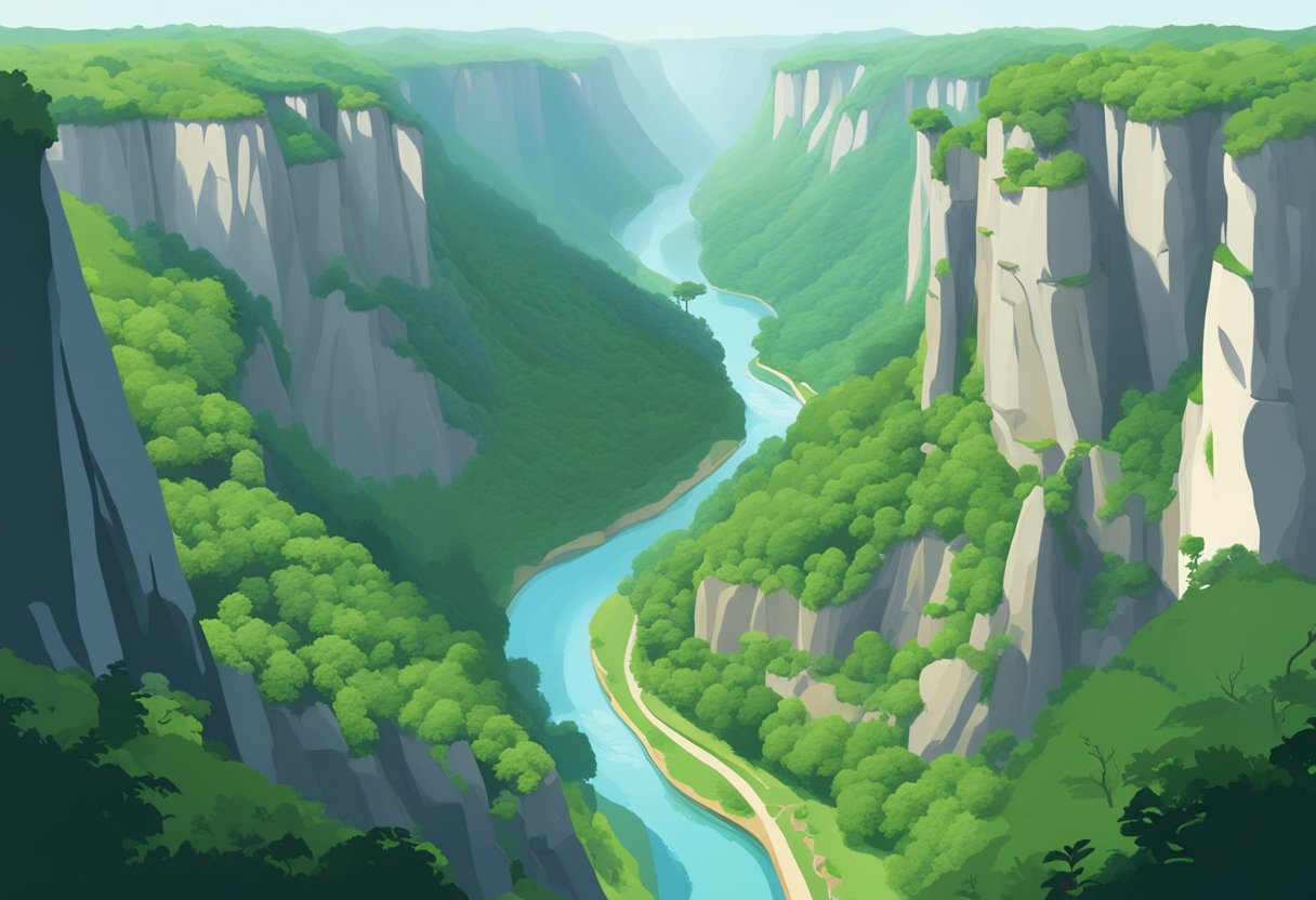 A vast canyon in Singapore, with towering cliffs and lush greenery, surrounded by a winding river and clear blue skies