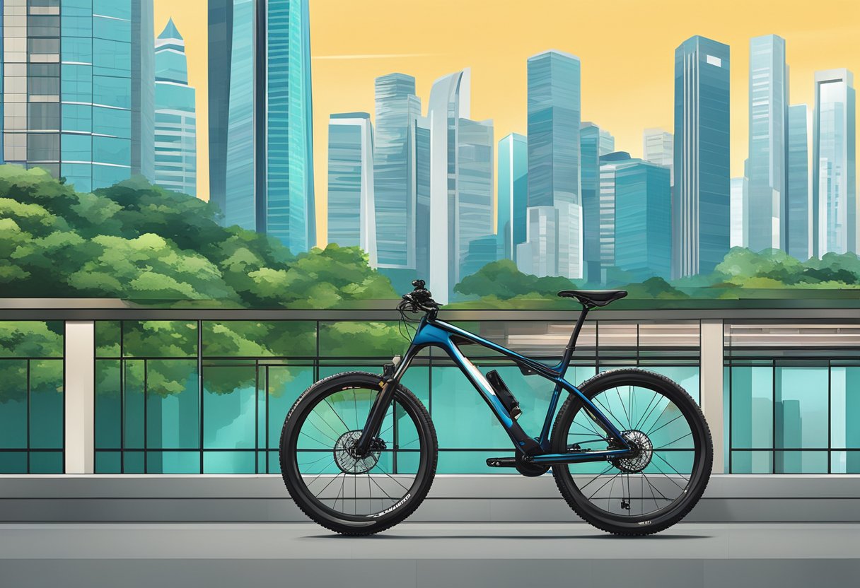 A sleek Canyon bike stands against the backdrop of Singapore's urban landscape, with modern skyscrapers and lush greenery in the distance