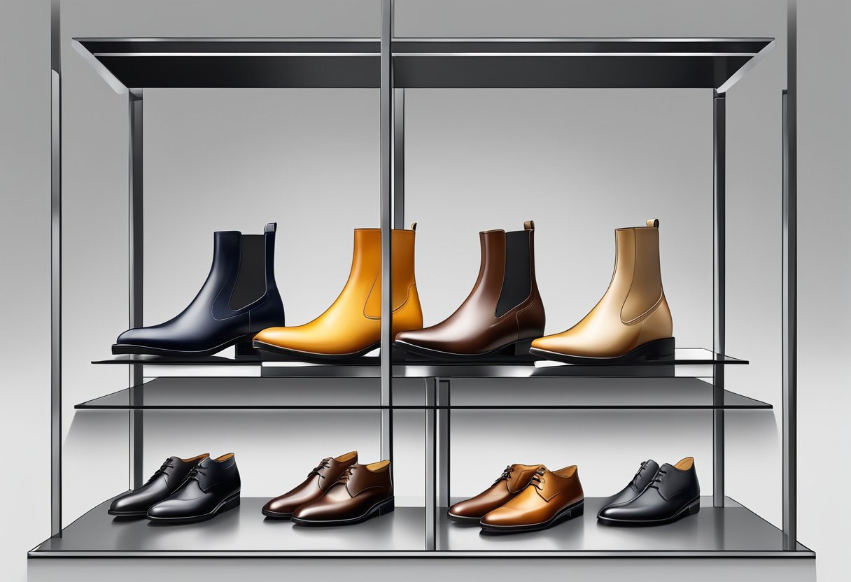 A pair of sleek, polished leather boots stands on a modern, minimalist display shelf in a trendy Singaporean boutique