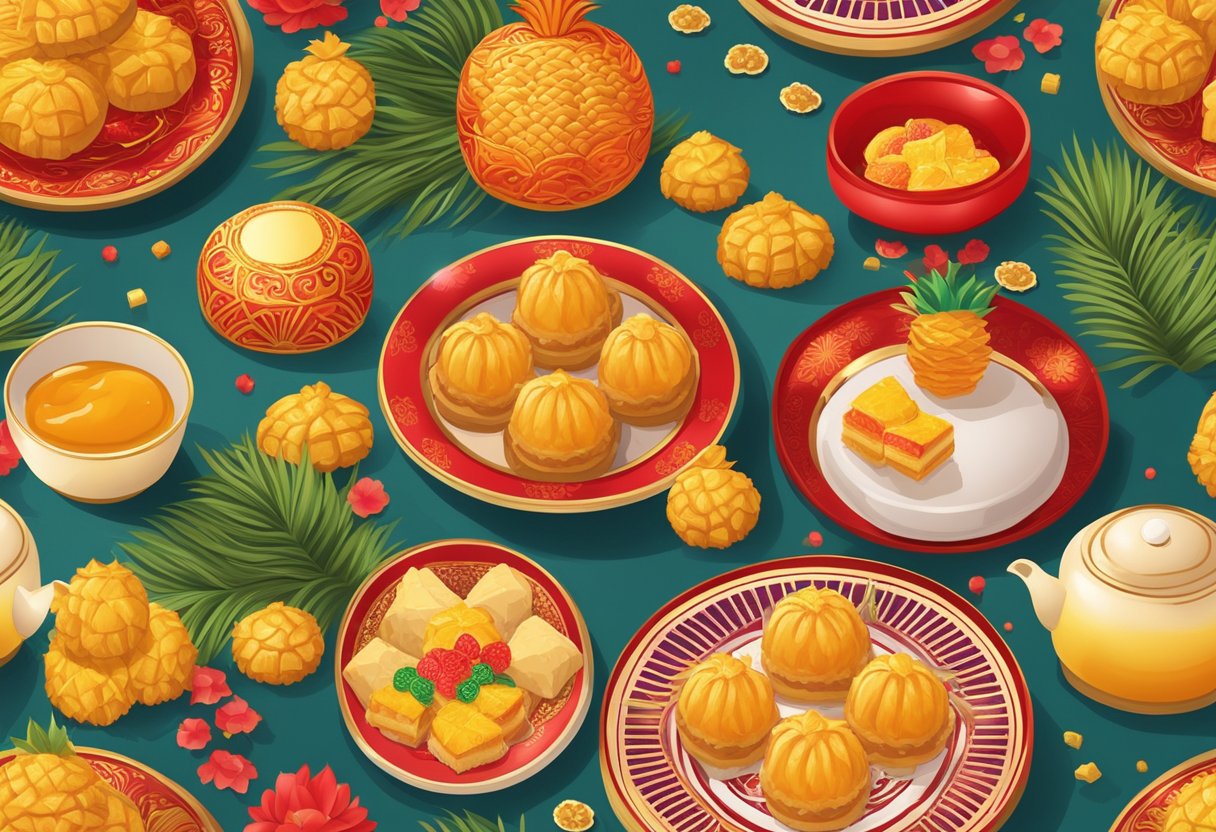 A table filled with freshly baked pineapple tarts, adorned with golden crusts and sweet pineapple jam, surrounded by vibrant red packets and decorative Chinese New Year ornaments