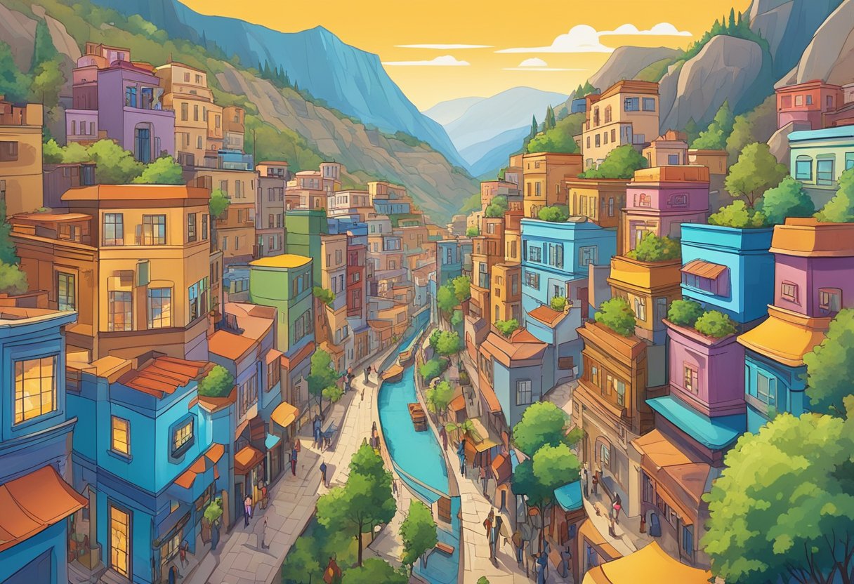 A bustling cityscape nestled within a canyon, with buildings adorned with vibrant colors and bustling with activity. The community is alive with people engaging in after-sales support and services