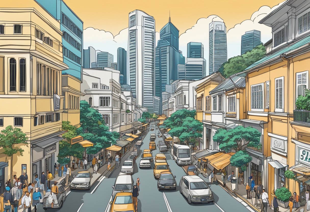 The bustling Cecil Street in Singapore, with the iconic Frasers Tower standing tall against the city skyline