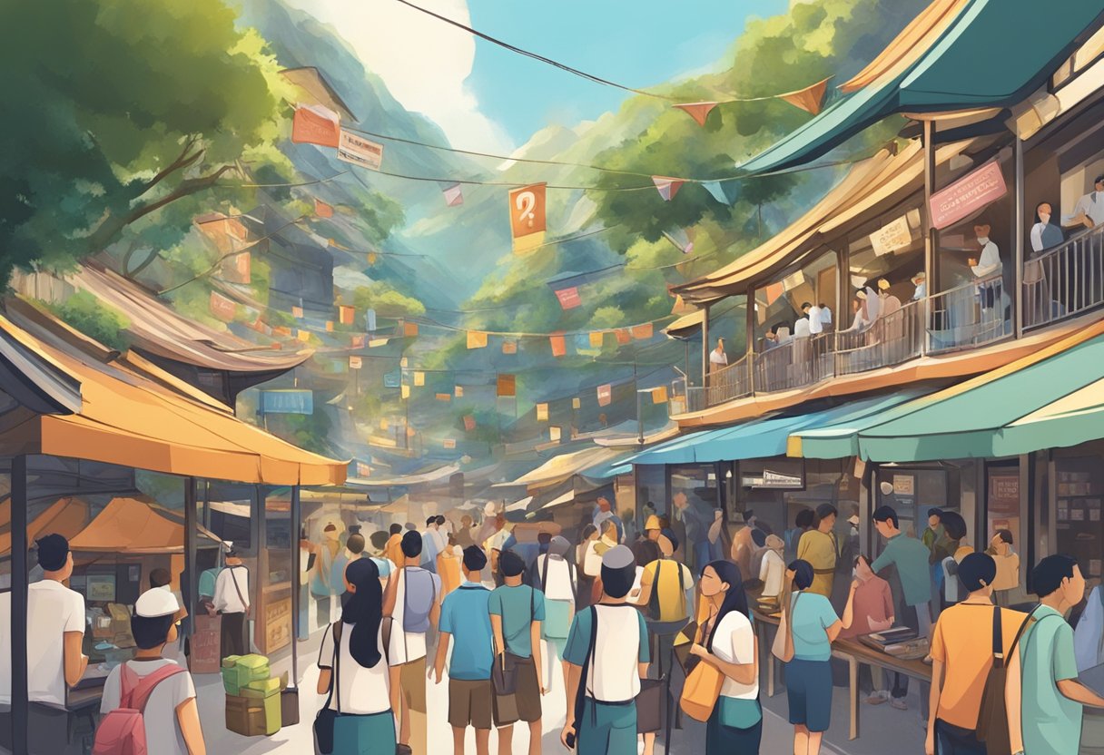A bustling canyon in Singapore with people asking questions at information booths and signs displaying FAQs