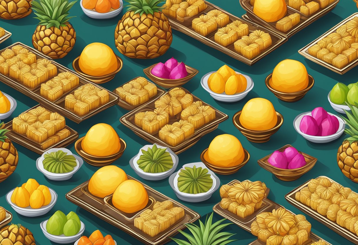 A table filled with rows of golden-brown pineapple tarts, surrounded by vibrant tropical fruits and traditional Peranakan ceramics