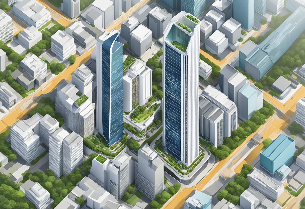 Aerial view of Frasers Tower on Cecil Street, Singapore. Tall building with modern architecture and surrounding cityscape