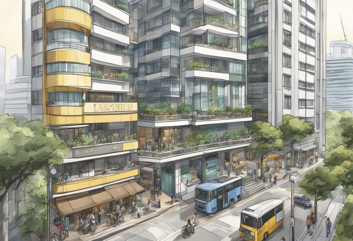 Cecil Street, Fraser's Tower, Singapore. Accessible entrance, bustling urban locale
