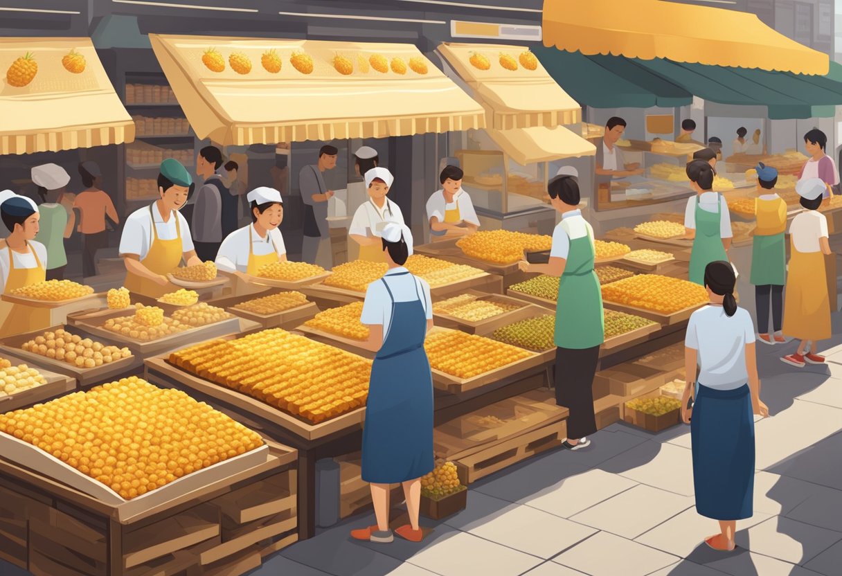 A bustling market stall displays rows of golden pineapple tarts, surrounded by eager customers and the sweet scent of baking
