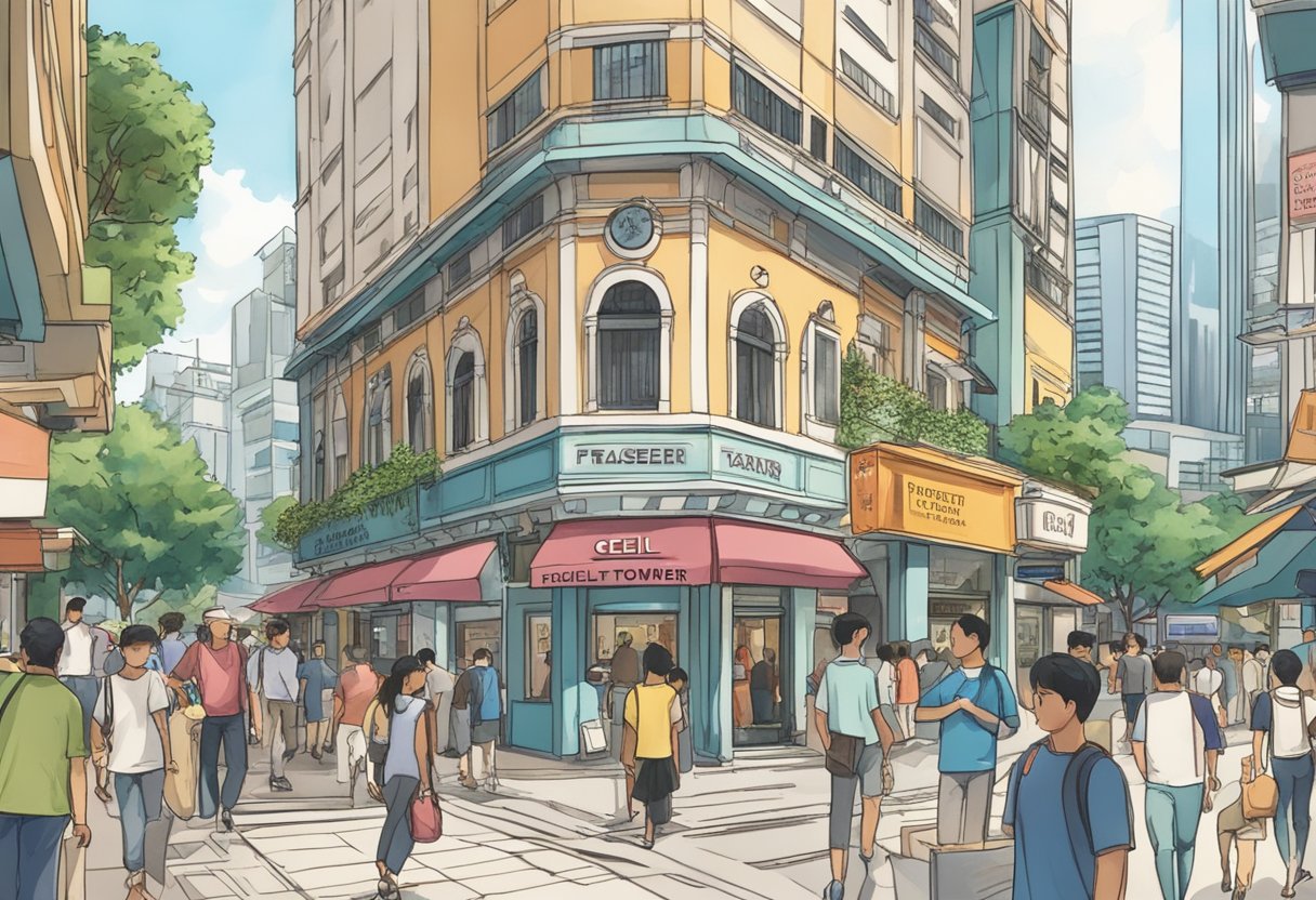 A bustling street with a prominent building labeled "Frasers Tower" in Singapore's Cecil Street, with people milling around and signs indicating "Frequently Asked Questions."