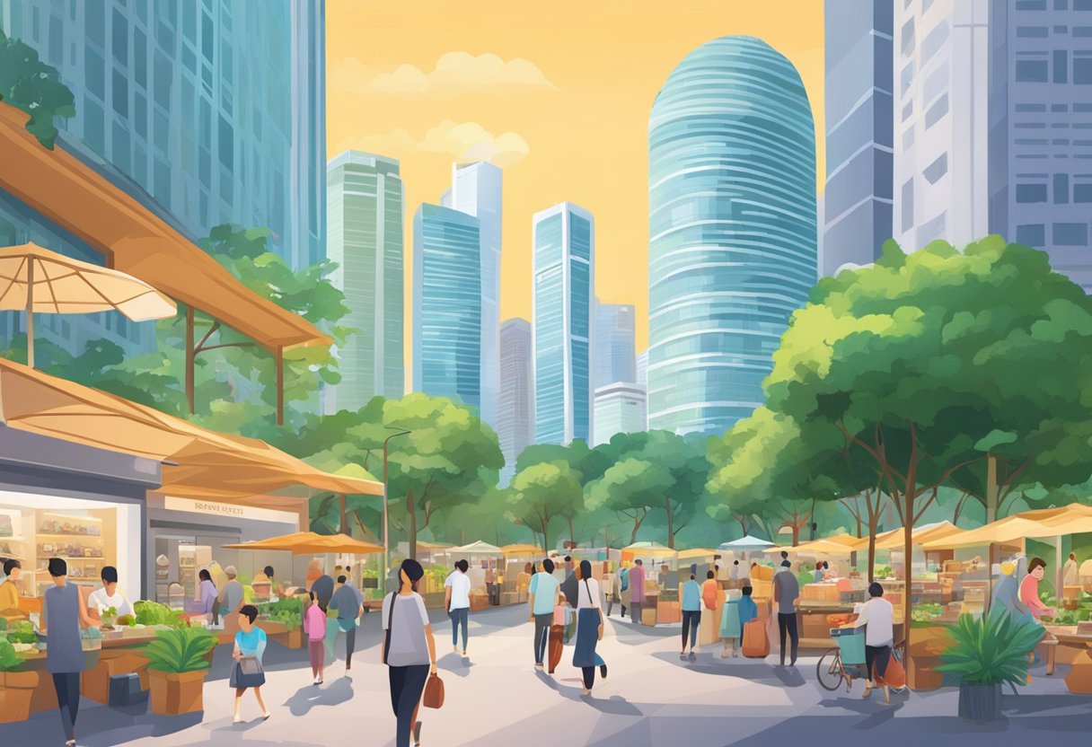 Busy city plaza in Singapore, with modern skyscrapers, bustling traffic, lush greenery, and vibrant street vendors