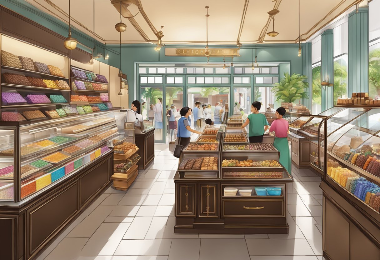 A bustling Laderach chocolate shop in Singapore, with colorful displays and a busy, inviting atmosphere