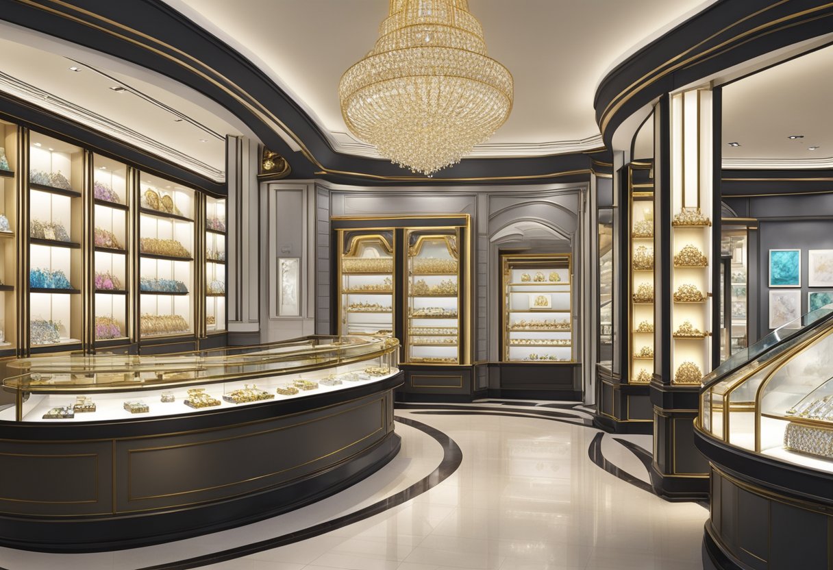 A sparkling jewelry store in Singapore, with elegant displays and luxurious lighting, showcasing a stunning array of precious gems and intricate designs