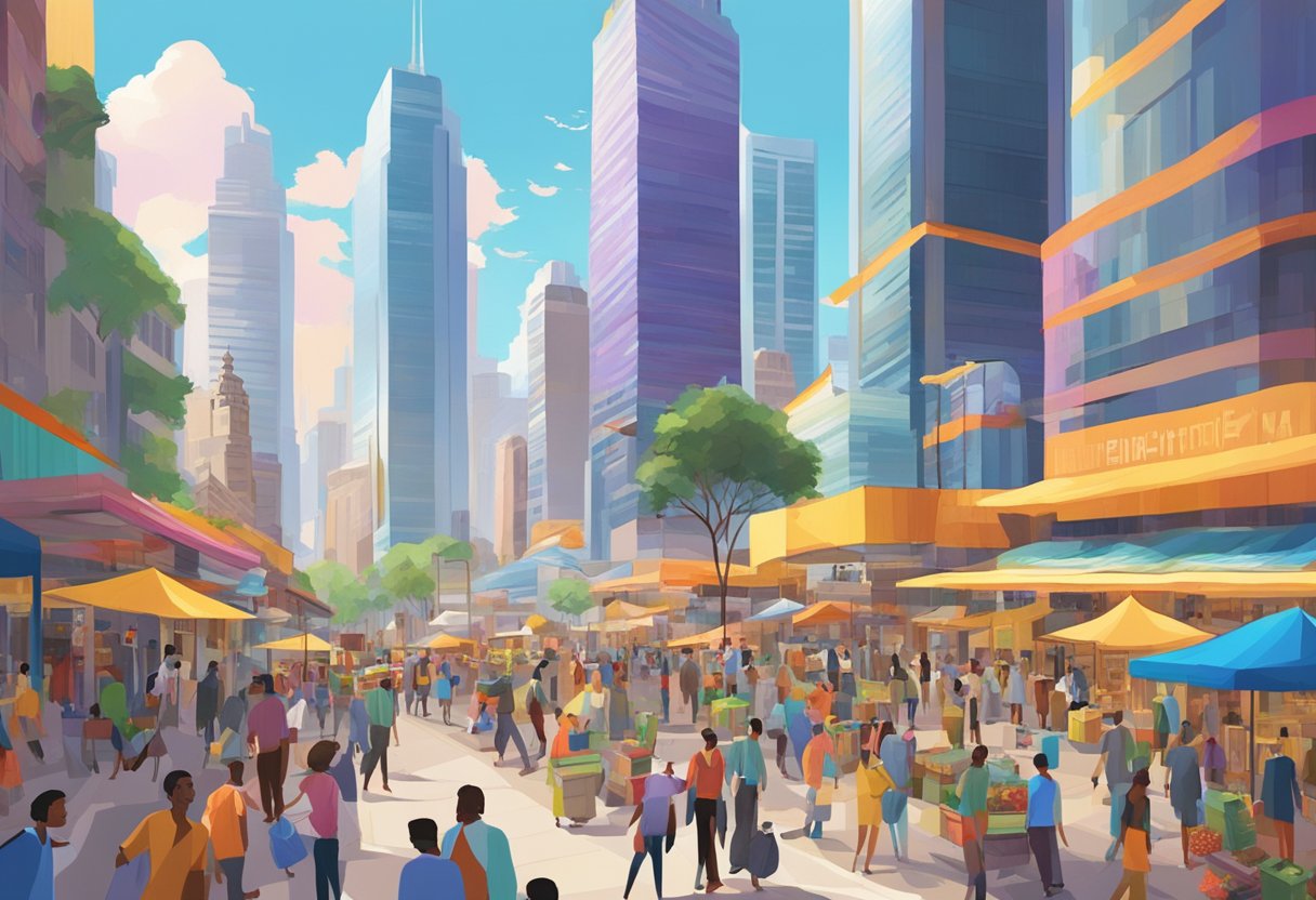 Busy city plaza with towering skyscrapers, bustling traffic, and vibrant street vendors. Pedestrians weave through the lively scene, surrounded by modern architecture and colorful signage