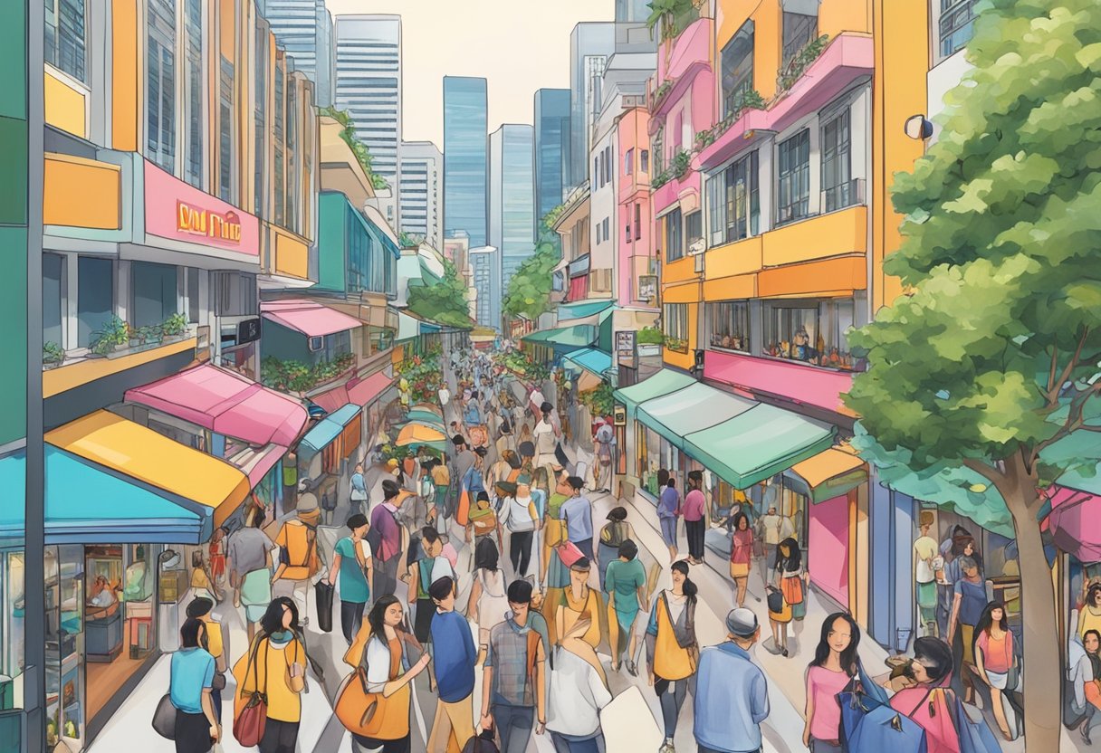 A bustling street in Singapore with a prominent Miu Miu storefront, surrounded by vibrant colors and busy shoppers