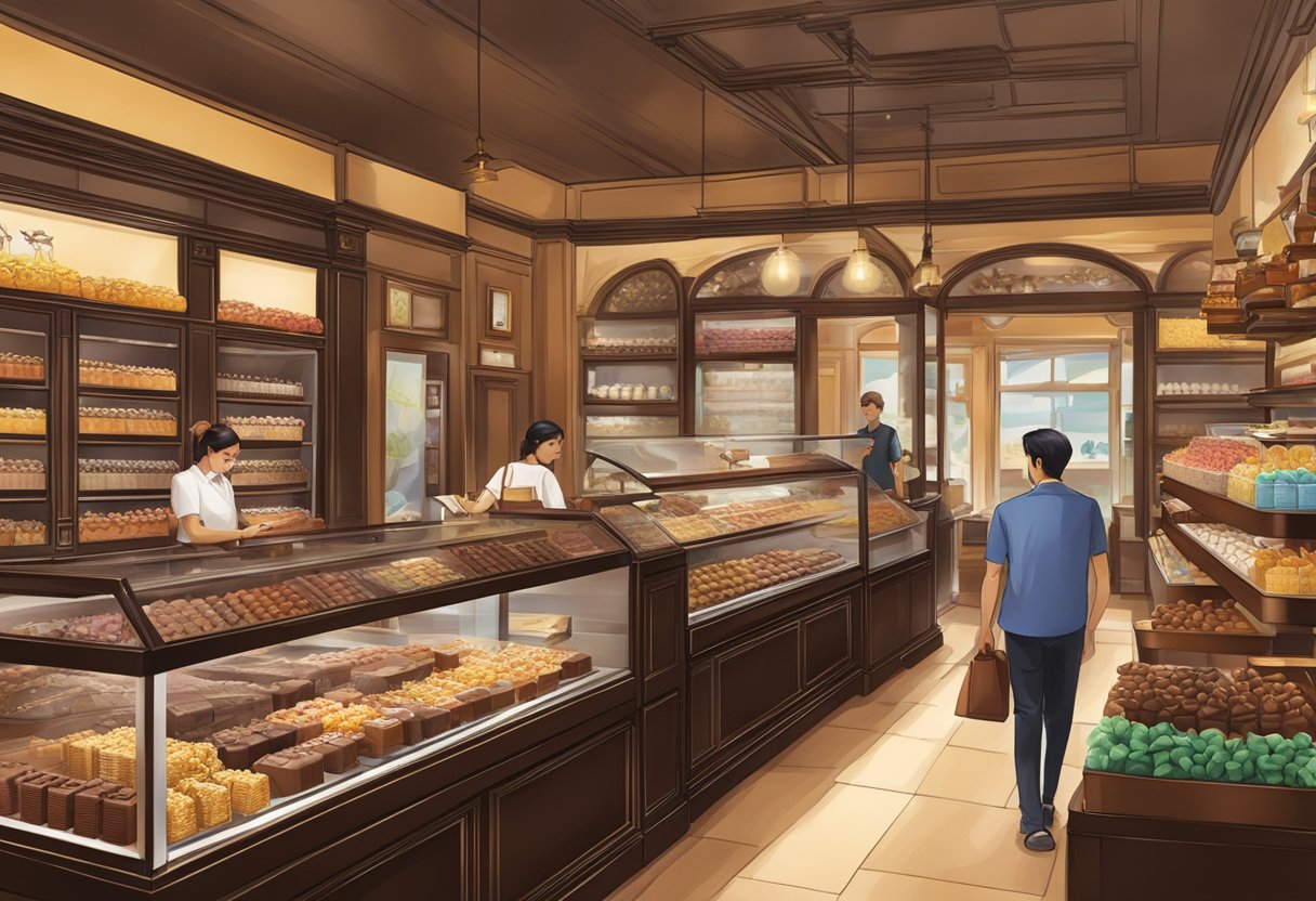 A bustling Läderach chocolate shop in Singapore, with vibrant displays of decadent chocolates and a warm, inviting atmosphere