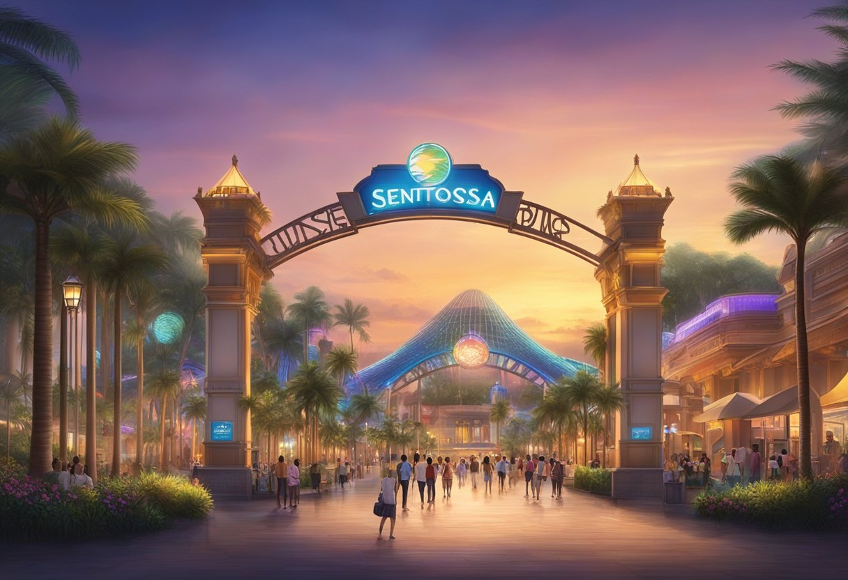 Sunset at Sentosa Gateway, with Universal Studios Singapore in the background, palm trees swaying and colorful lights illuminating the entrance