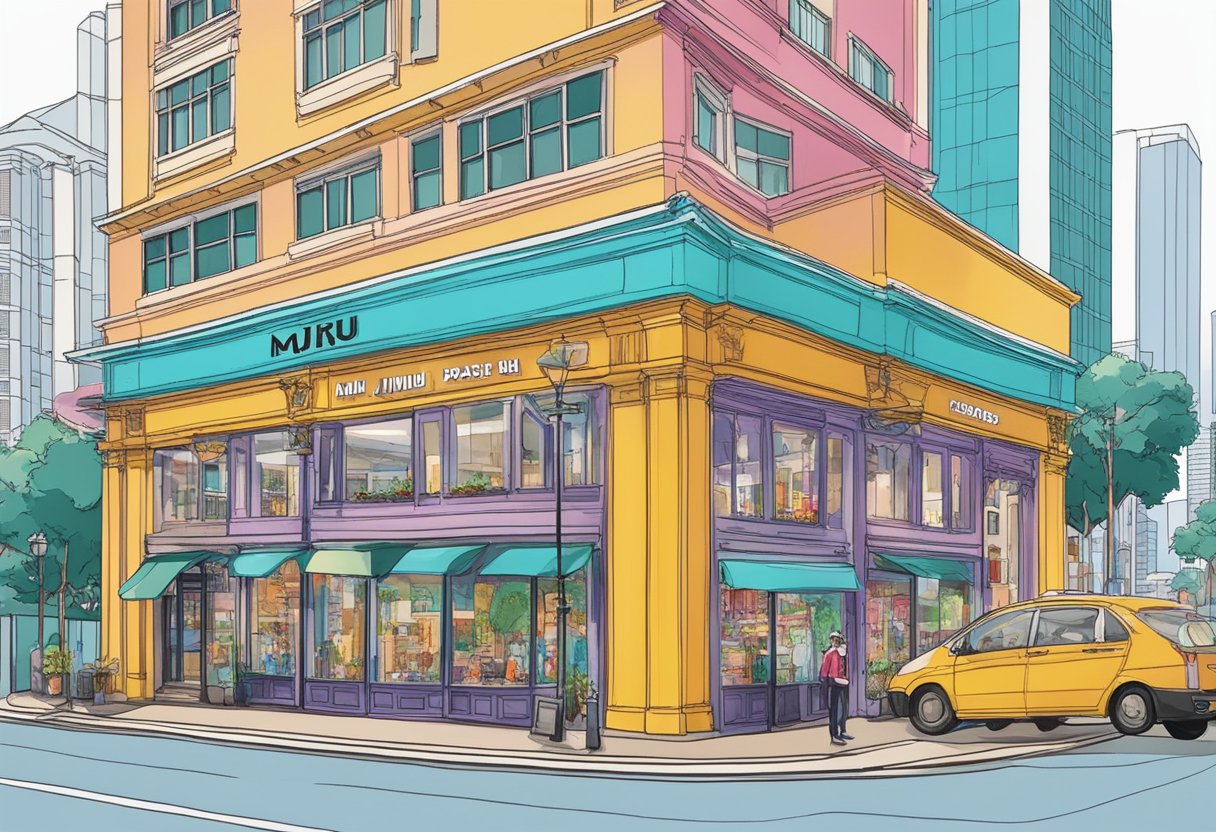 A vibrant cityscape with Miu Miu's iconic storefront standing out among the bustling streets of Singapore. The brand's logo and signature colors draw attention from passersby