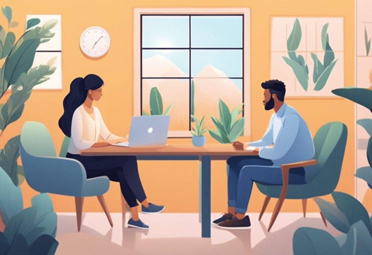 A couple sits facing each other in a cozy office, surrounded by calming colors and soft lighting. A therapist listens attentively as they work through their issues