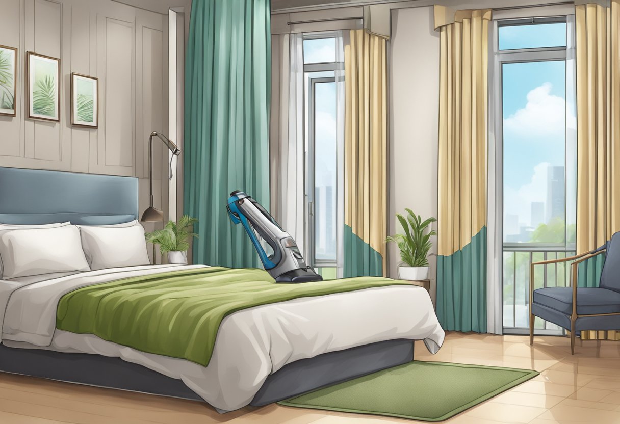 A curtain being professionally cleaned in Singapore with steam and specialized equipment