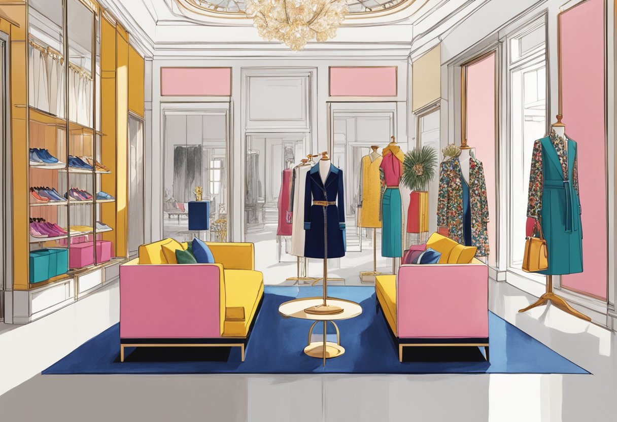A display of Miu Miu's fashion collections and accessories in a sleek and modern boutique setting, with vibrant colors, bold patterns, and luxurious materials