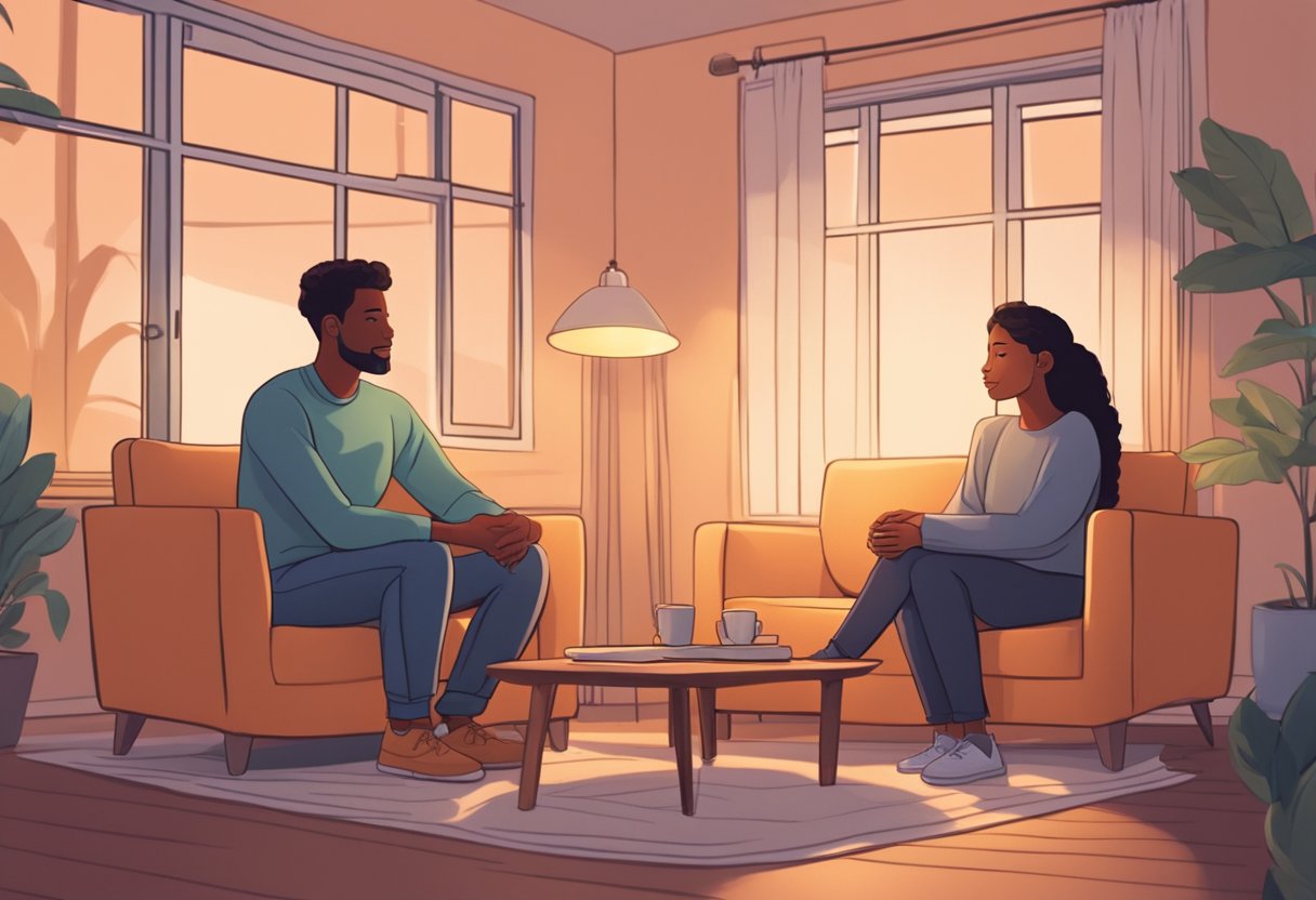 A couple sits facing each other in a cozy room, surrounded by comfortable chairs and soft lighting. A counselor listens attentively as they communicate openly and honestly