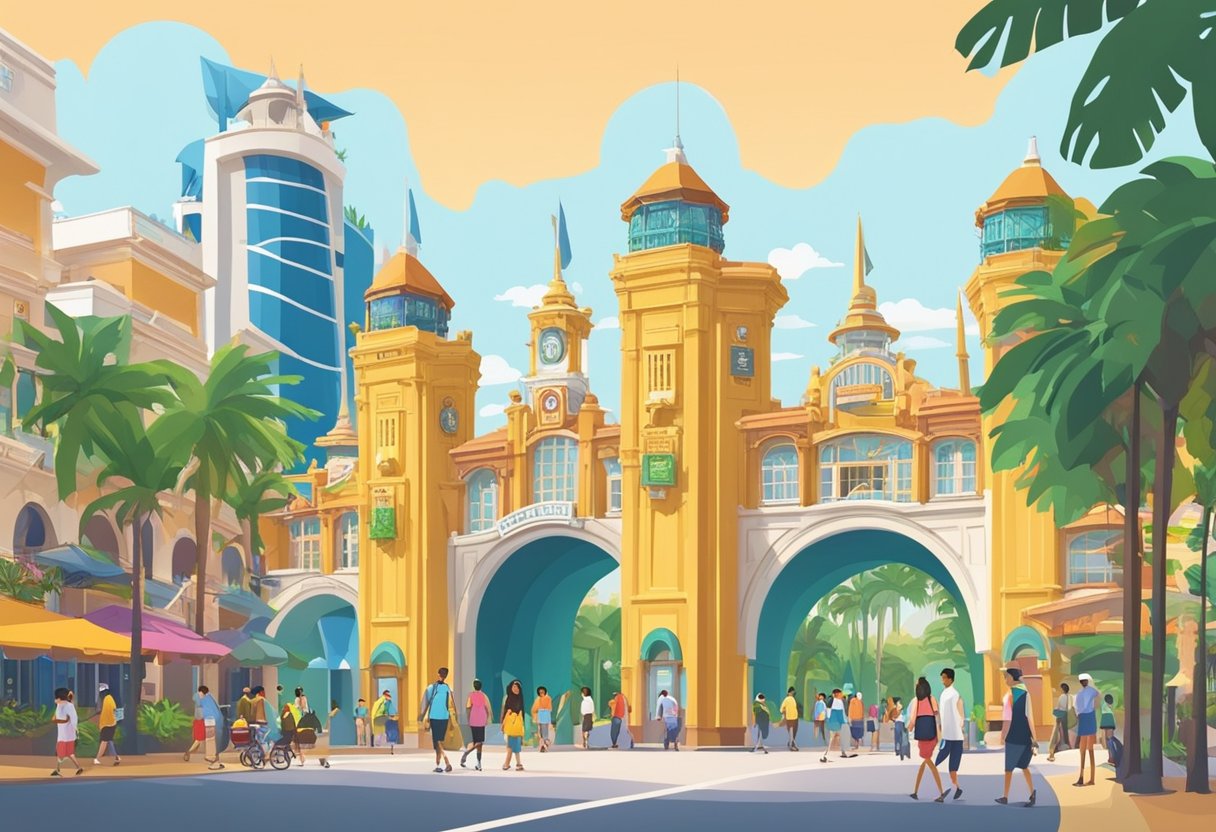 People walk along Sentosa Gateway, with the iconic Universal Studios Singapore in the background. The street is lined with palm trees and colorful buildings