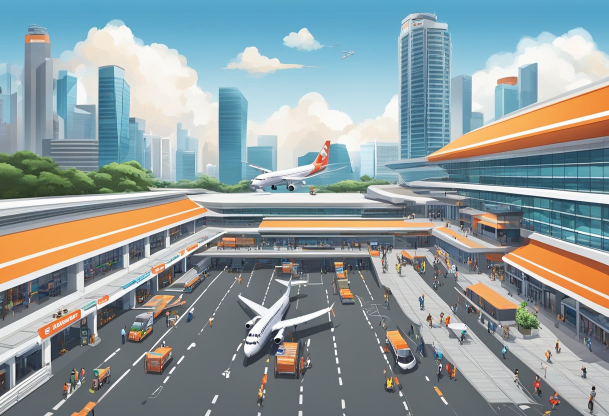 The Jetstar terminal in Singapore bustles with travelers, as planes take off and land against a backdrop of modern architecture and vibrant signage