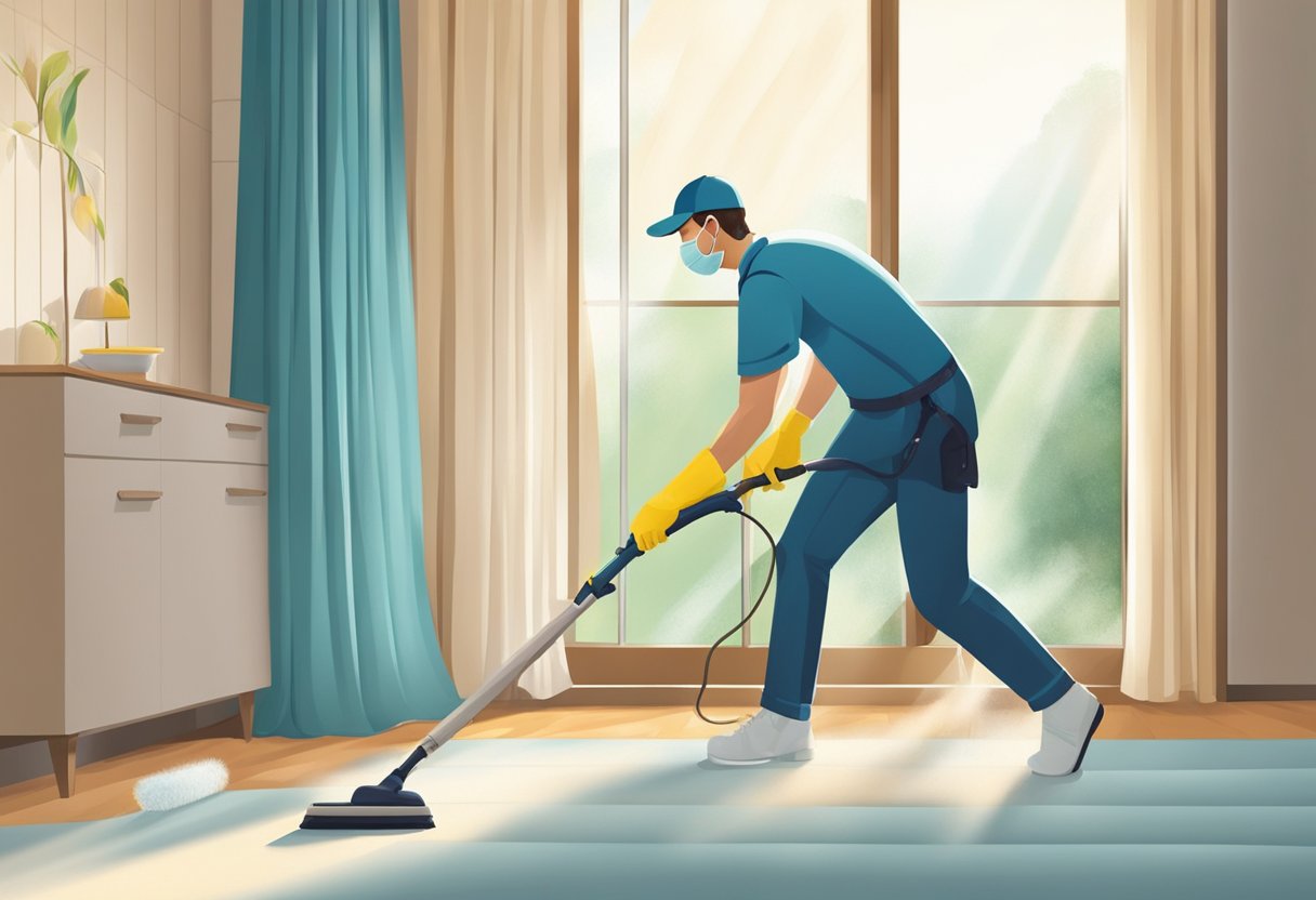 A professional cleaner sprays and gently brushes curtains in a well-lit room, ensuring thorough cleaning and maintenance