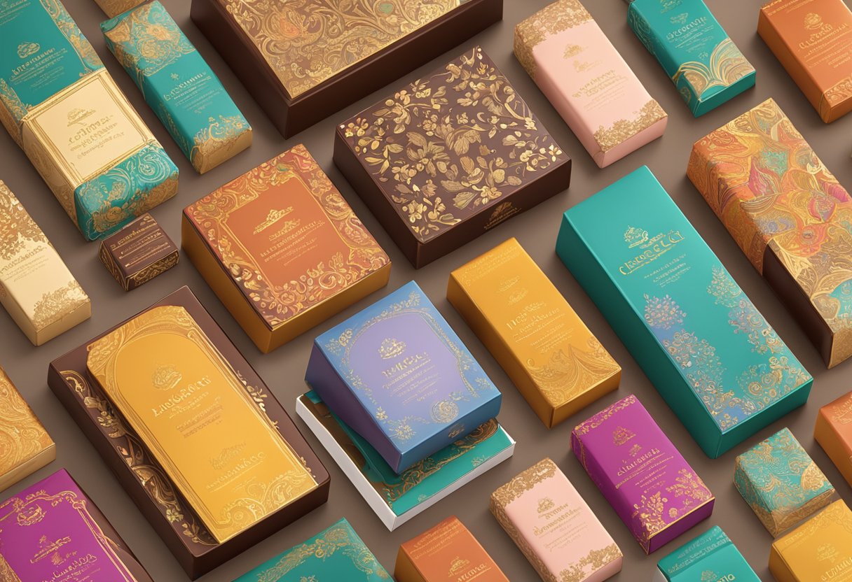 A display of Läderach chocolates with vibrant colors and intricate designs, surrounded by elegant packaging and a luxurious backdrop