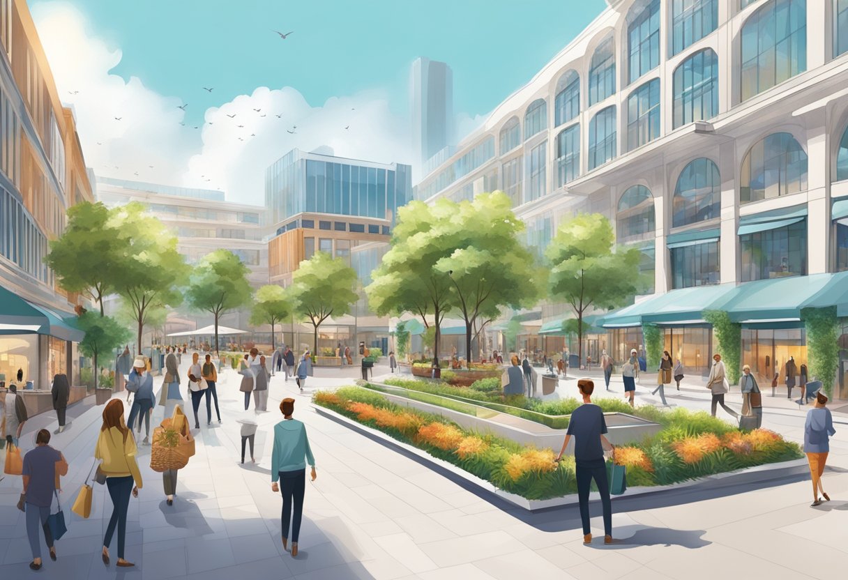 Shoppers stroll through a modern city plaza with high-end shops and bustling cafes, surrounded by sleek architecture and vibrant greenery