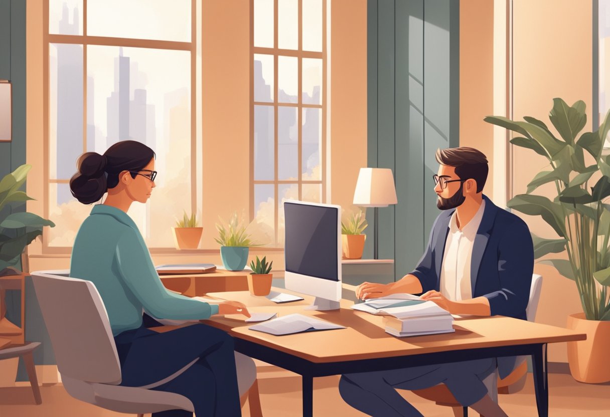 A couple sits facing each other in a cozy office, with a warm and inviting atmosphere. A counselor listens attentively, offering guidance and support