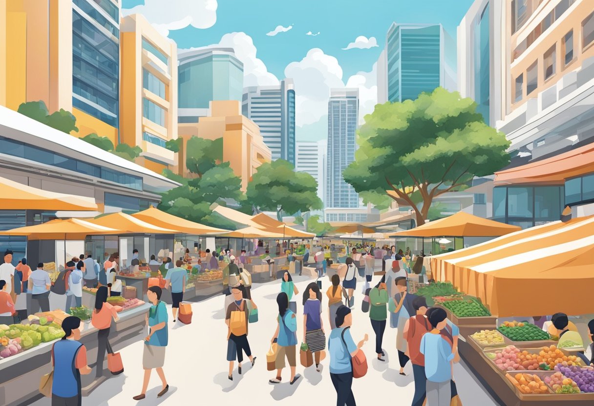The bustling city plaza in Singapore features a modern architectural backdrop, with vibrant street vendors and bustling crowds