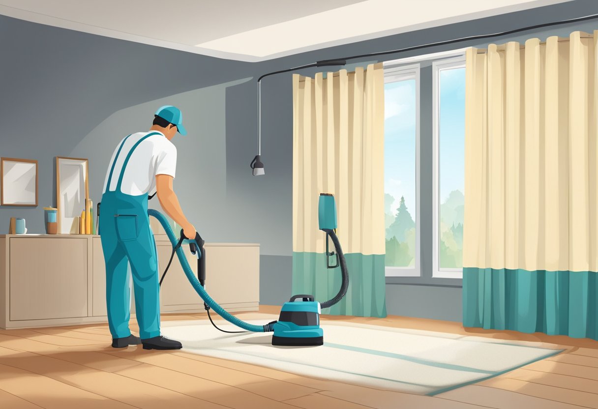 A professional cleaning machine sprays and steams curtains in a well-lit room, with a technician carefully handling the equipment