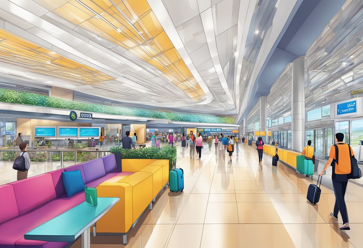 Passengers navigate through the modern and spacious interior of Terminal 4 at Changi Airport, with sleek design and vibrant colors creating a lively atmosphere