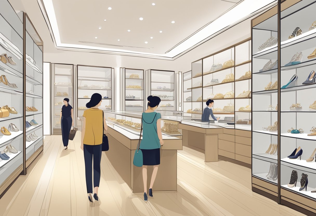 Customers browse sparkling necklaces, earrings, and rings in a modern Singapore jewelry store. Shelves are lined with luxurious options, and a knowledgeable salesperson assists a couple in their search