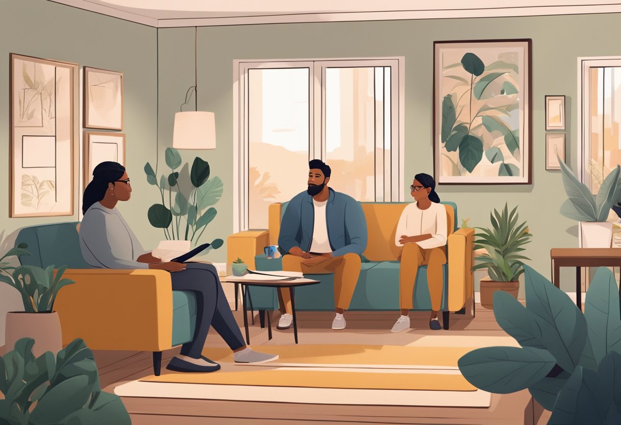A couple sits facing each other in a cozy office, surrounded by calming decor. A counselor listens attentively as they discuss their concerns