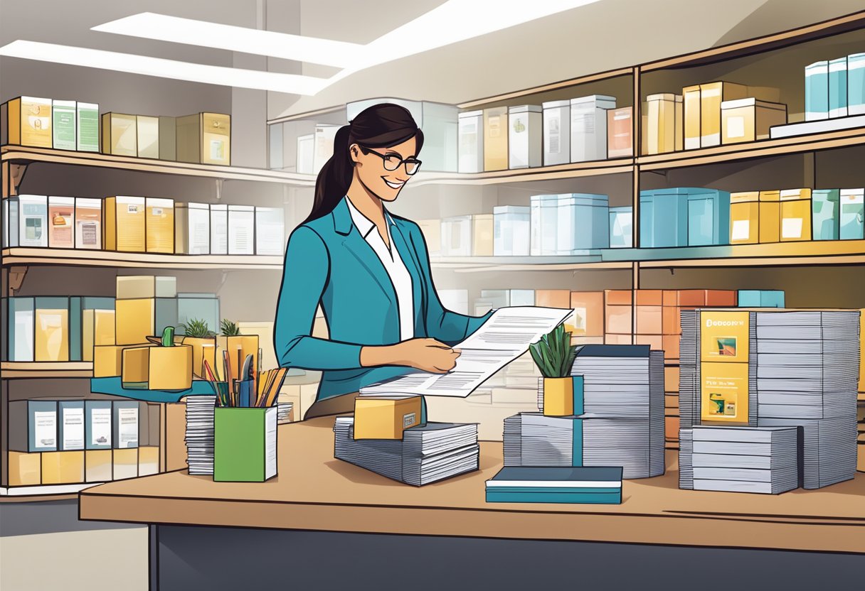A table with a stack of FAQ brochures, a customer service representative assisting a customer, and a display of Laderach products in the background
