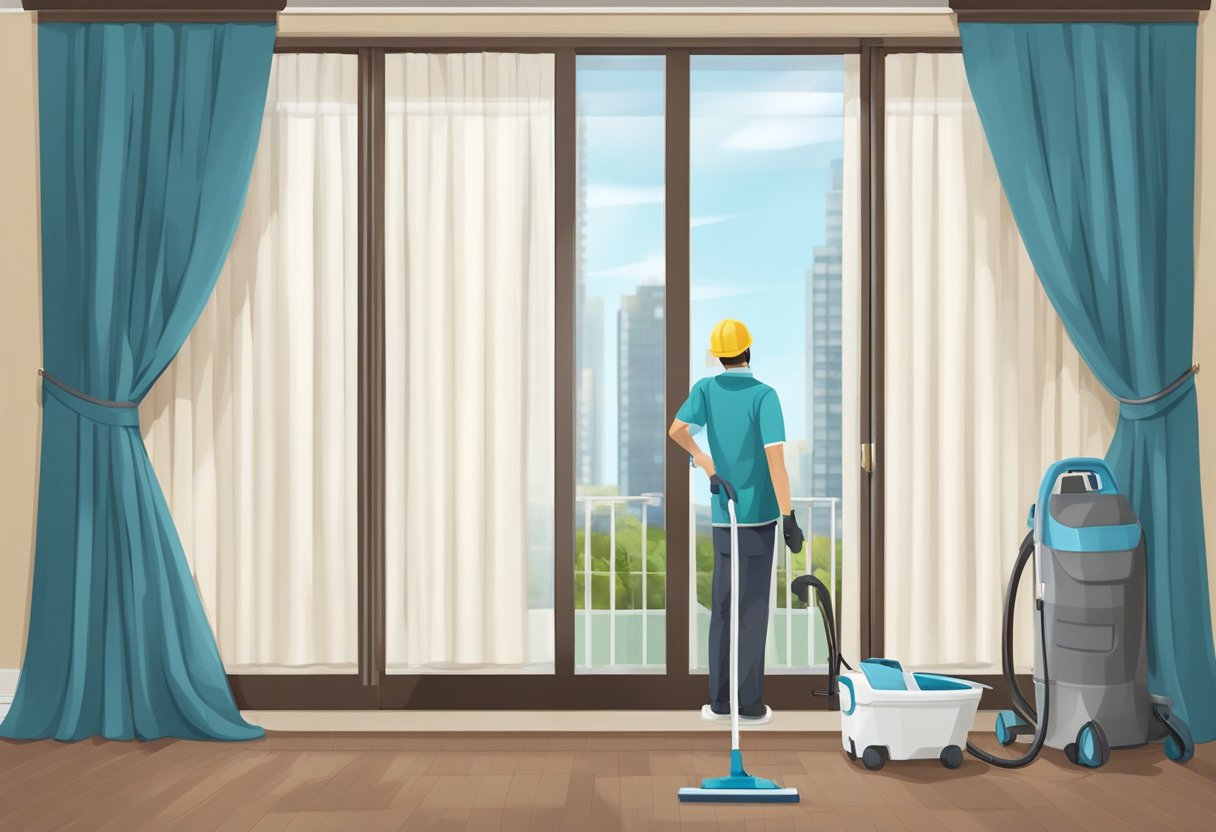 A curtain being professionally cleaned in a Singaporean home, with cleaning equipment and solution visible