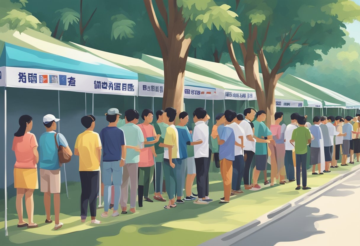 Voters lining up at polling stations in Singapore, under the shade of tall trees, with colorful campaign posters in the background