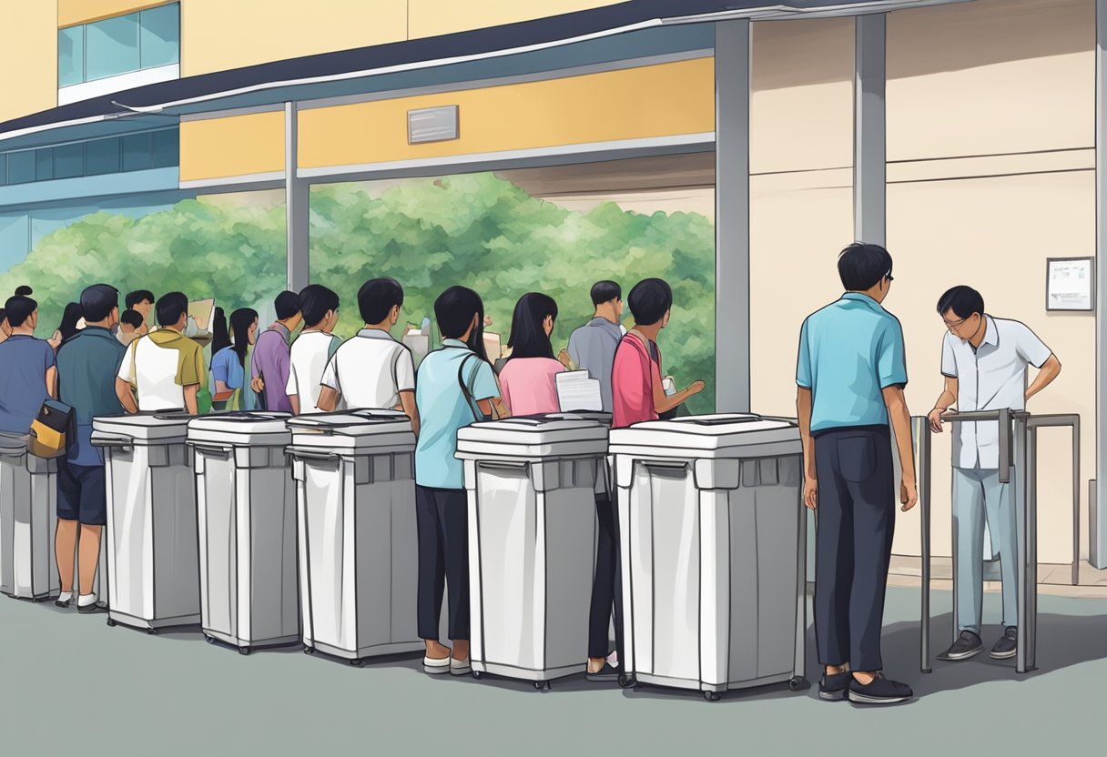 Voters queue outside polling stations in Singapore, casting their ballots in the election process. Ballot boxes are visible as officials oversee the voting