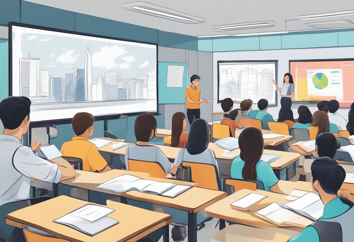 A classroom with diploma course materials, a whiteboard, and students engaged in learning in Singapore