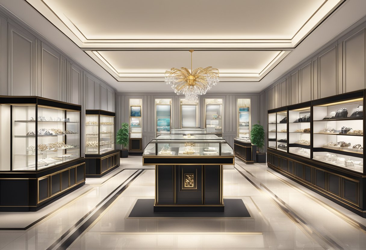 A well-lit jewelry store in Singapore, with elegant display cases showcasing exquisite pieces. The store is adorned with modern decor and a sophisticated ambiance