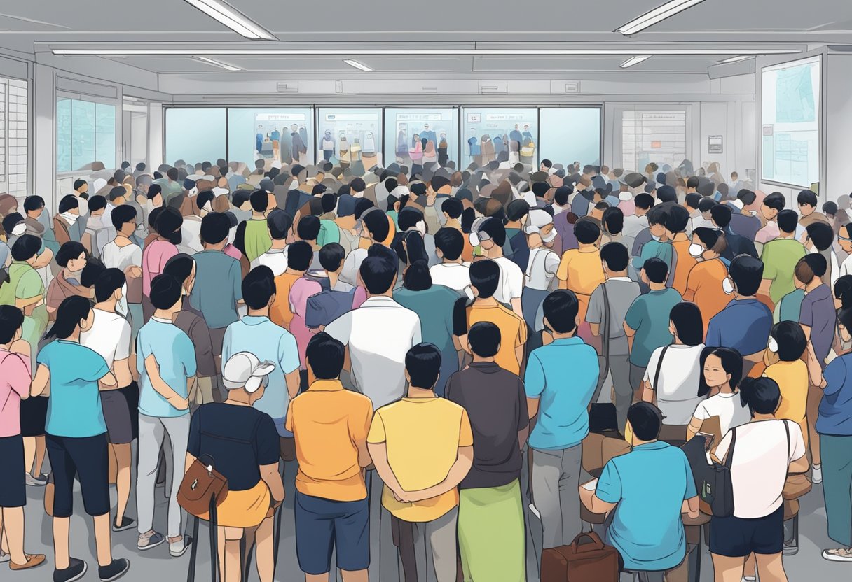 Voters gather around electronic polling stations in Singapore, discussing election results and their potential impact on the country