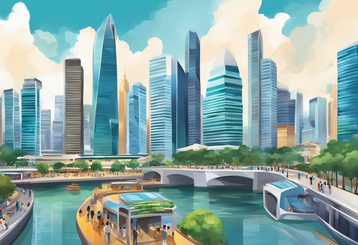 A bustling financial district in Singapore, with skyscrapers and busy professionals. The skyline is dominated by modern architecture and the atmosphere is vibrant and dynamic