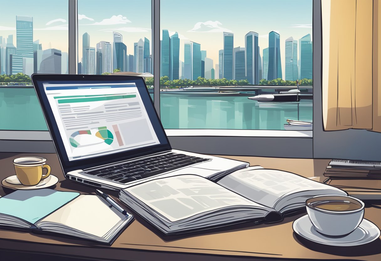 A person researching diploma courses in Singapore. A laptop, notebook, and pen on a desk. Singapore skyline in the background