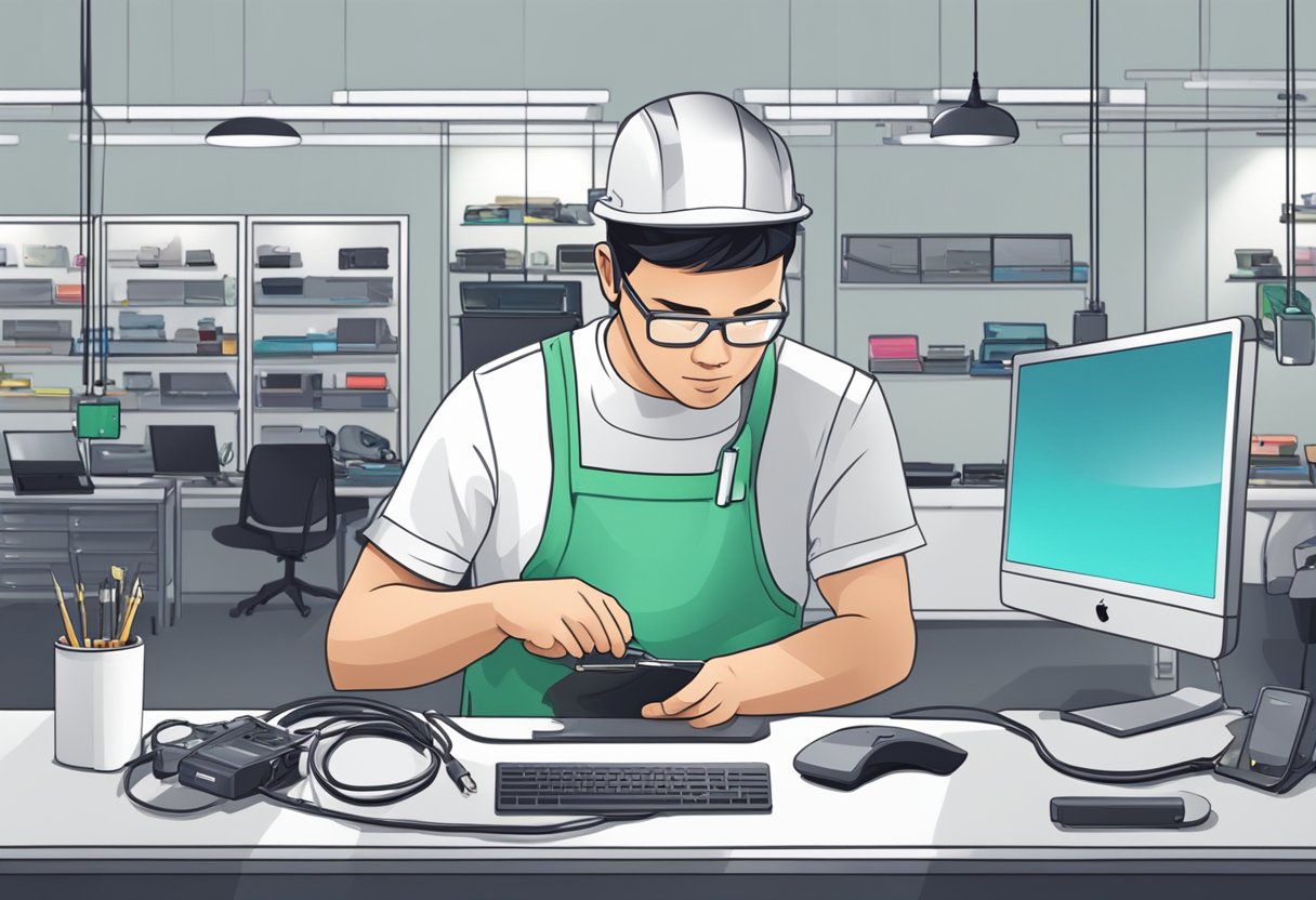 A technician repairing a damaged apple device at a sleek and modern repair shop in Singapore
