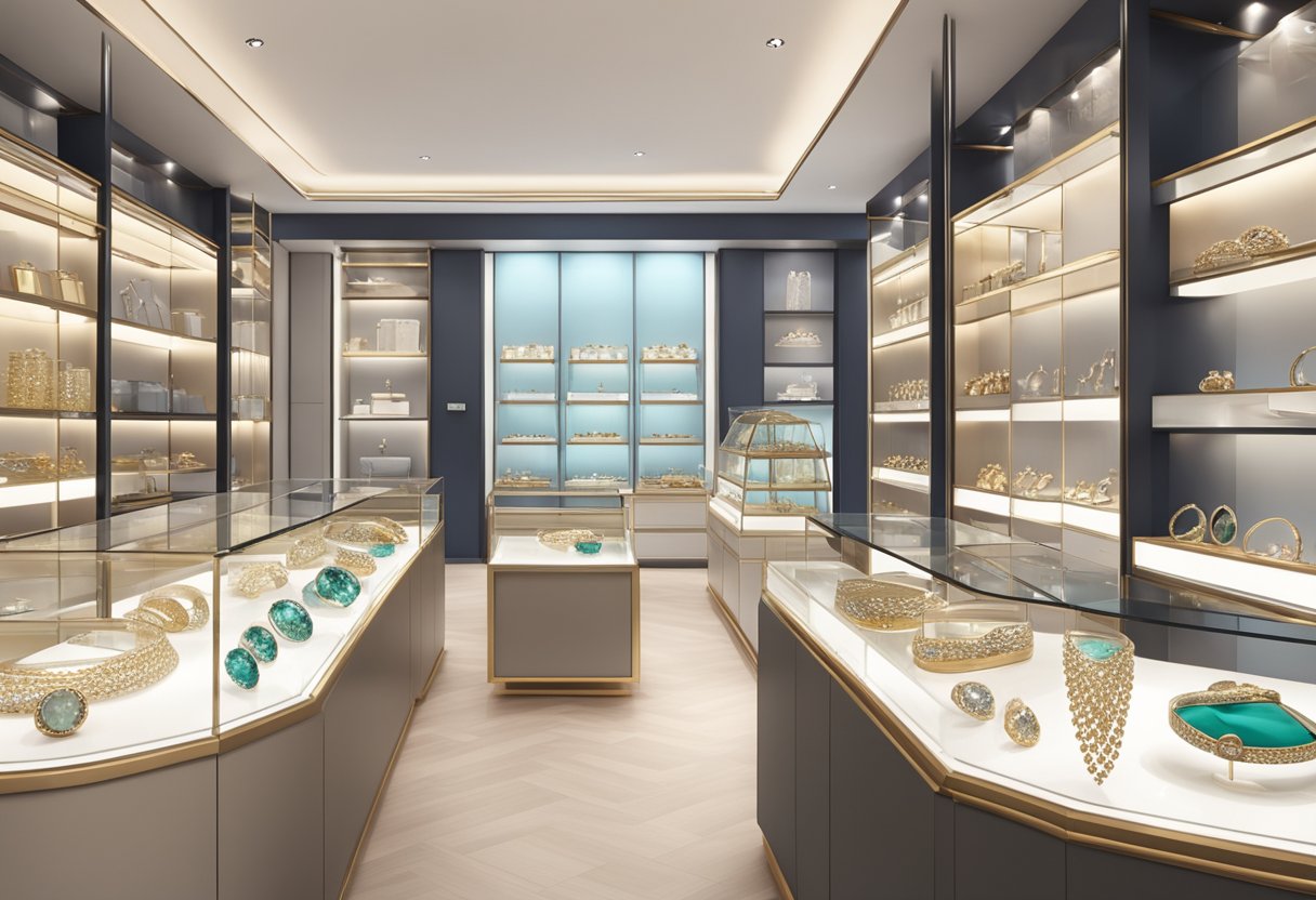 A bright and modern jewelry store in Singapore, with a display of elegant and sparkling pieces. Shelves neatly organized with various collections