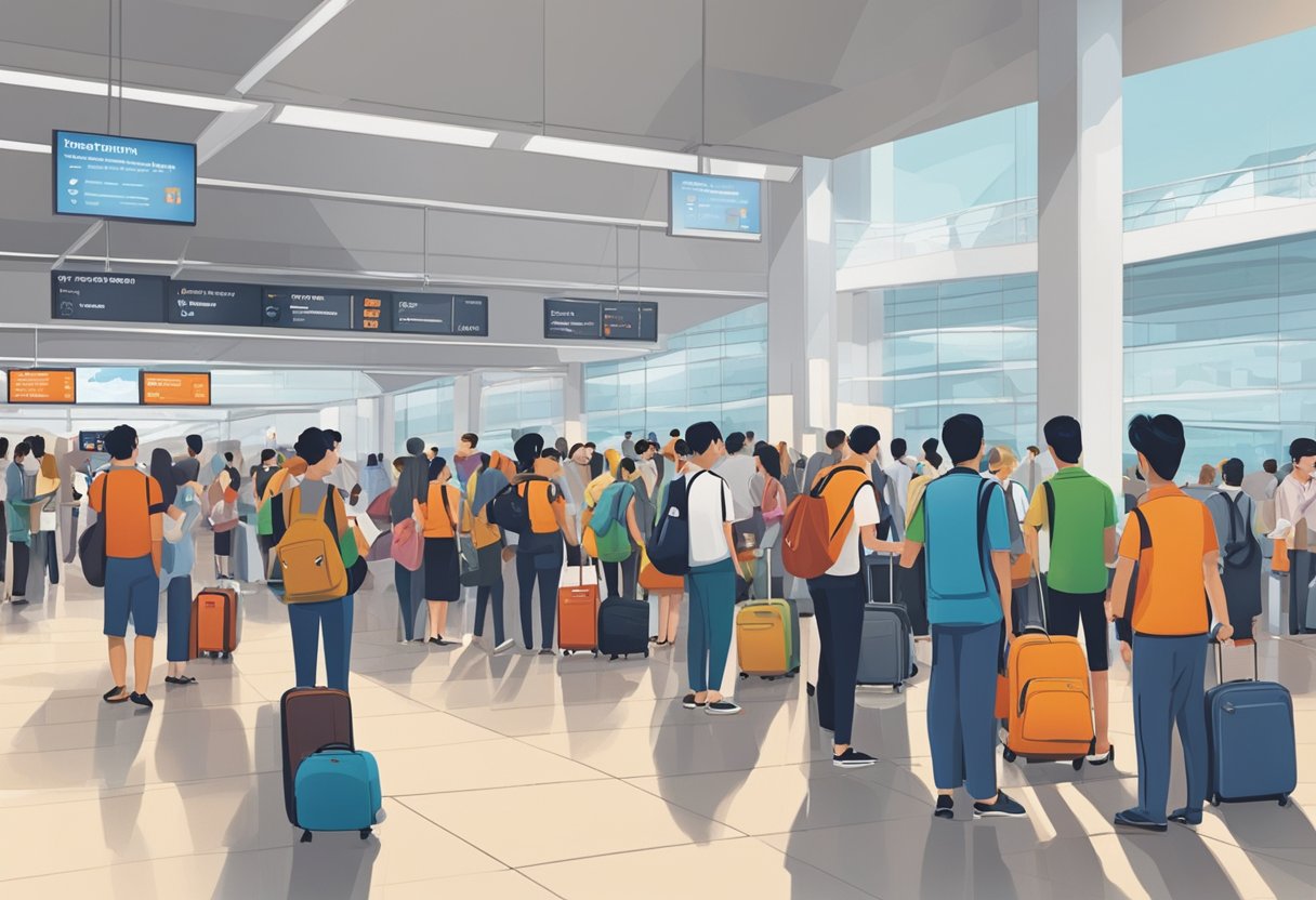 Passengers line up at the Jetstar terminal in Singapore, reading the "Frequently Asked Questions" sign. The bustling atmosphere creates a sense of travel and anticipation