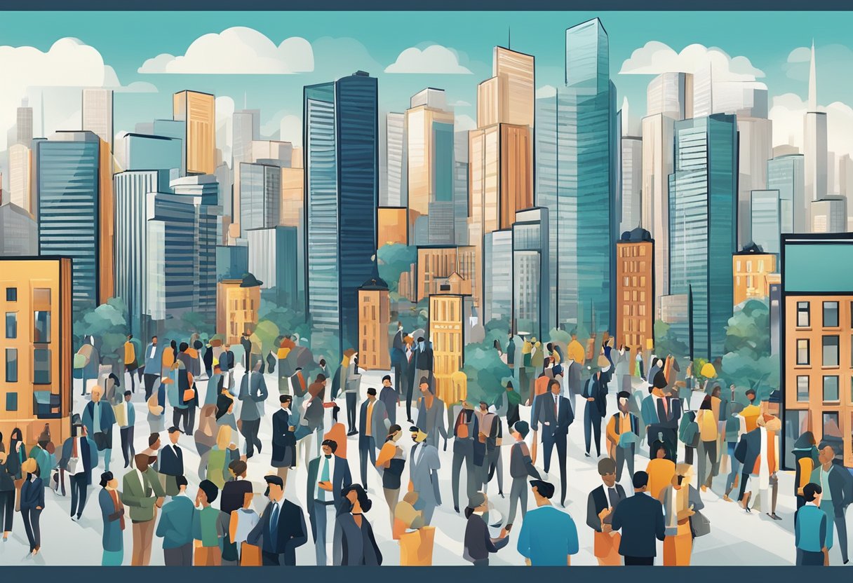 A bustling cityscape with skyscrapers and a diverse mix of professionals networking at a job fair