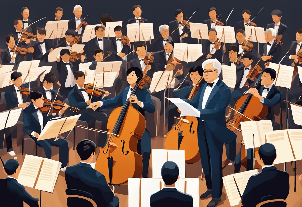The Singapore Symphony Orchestra performs on stage, instruments poised, conductor leading
