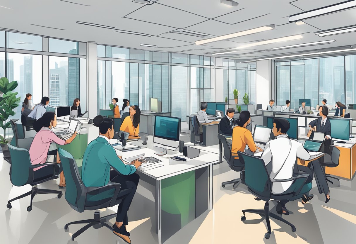 A bustling office with professionals networking, interviewing, and discussing job opportunities at the top financial recruitment agencies in efinancialcareers singapore